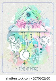 Modern magic witchcraft card with dream Catcher and butterfly on watercolor background. Vector illustration