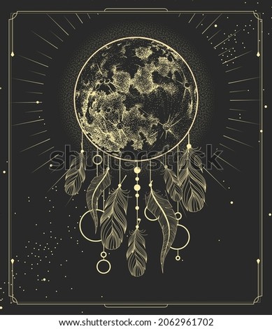 Modern magic witchcraft card with dream Catcher and full realistic moon. Vector illustration