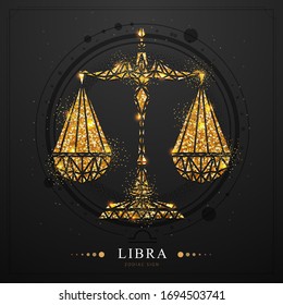 Modern magic witchcraft card with golden astrology Libra zodiac sign. Polygonal style. Golden Scales illustration on black background