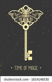 Modern magic witchcraft card with key sign on space background. Vector illustration