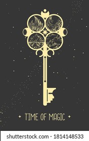 Modern magic witchcraft card with key sign on space background. Vector illustration