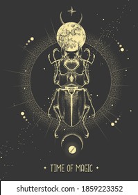 Modern magic witchcraft card with moon and beetle. Hand drawing occult vector illustration