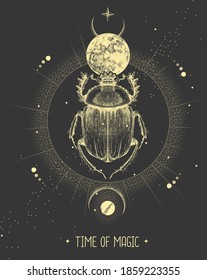 Modern magic witchcraft card with moon and scarab beetle. Hand drawing occult vector illustration