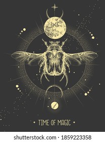 Modern magic witchcraft card with moon and Flower chafer beetle. Hand drawing occult vector illustration