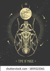 Modern magic witchcraft card with moon and longhorn beetle. Hand drawing occult vector illustration