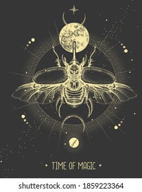 Modern magic witchcraft card with moon and rhinoceros beetle. Hand drawing occult vector illustration