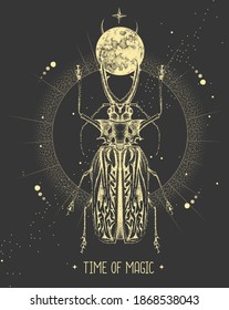 Modern magic witchcraft card with moon and Sabertooth Longhorn beetle. Hand drawing occult vector illustration