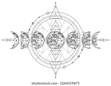 Moderne Hexenkarte mit Mondphasen. Heidenmond-Symbol. Triple Moon pagan Wicca Moon Göttin Symbol. Drei-Gesichtsgott: Maiden - Mutter - Krone. Tattoo, Astrologie, Alchemie. Vektorgrafik