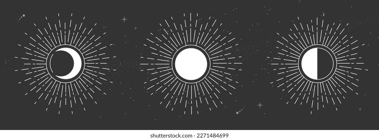 Modern magic witchcraft card with moon phases or sun and moon sign. Pagan moon symbol. Vector illustration