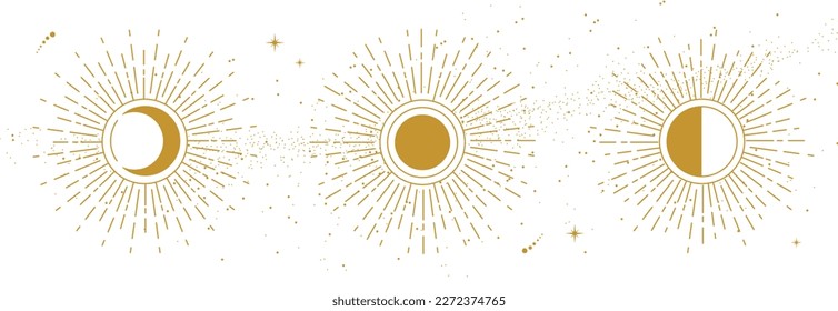 Modern magic witchcraft card with moon phases or sun and moon sign. Pagan moon symbol. Vector illustration