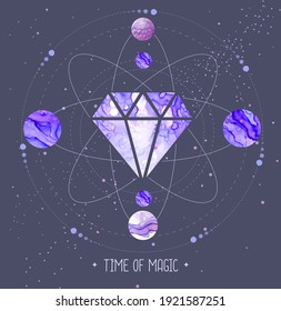 Tarjeta de brujería mágica moderna con planetas y diamantes en el espacio exterior. Ilustración oculta de tinta de alcohol