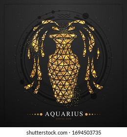 Modern magic witchcraft card with polygon golden astrology Aquarius zodiac sign. Golden Polygonal water jug illustration on black background