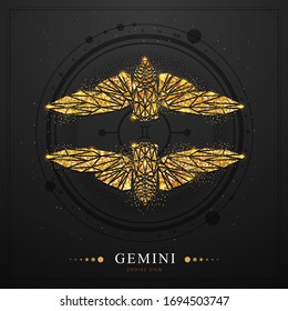 Modern magic witchcraft card with polygon astrology golden Gemini zodiac sign. Golden polygonal butterfly or cicada illustration on black baclground