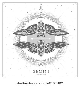 Modern magic witchcraft card with polygon astrology Gemini zodiac sign. Polygonal butterfly or cicada illustration