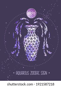 Modern magic witchcraft card with polygon astrology Aquarius zodiac sign. Polygonal water jug illustration