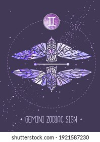 Modern magic witchcraft card with polygon astrology Gemini zodiac sign. Polygonal butterfly or cicada illustration