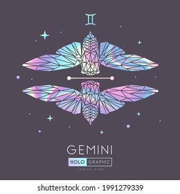 Tarjeta de brujería mágica moderna con signo de géminis zodiac de astrología polígona. Ilustración holográfica de mariposa o cigarra