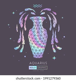 Tarjeta de brujería mágica moderna con signo de astrología poligonal Aquarius zodiac. Ilustración holográfica de la jarra de agua poligonal