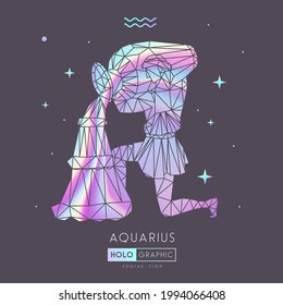 Tarjeta de brujería mágica moderna con signo de astrología poligonal Aquarius zodiac. Hombres poligonales holográficos con jarra de agua.