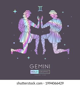 Tarjeta de brujería mágica moderna con signo de géminis zodiac de astrología polígona. Ilustración de figuras masculinas del polígono holográfico