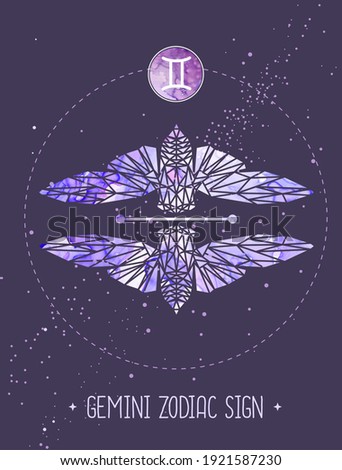 Modern magic witchcraft card with polygon astrology Gemini zodiac sign. Polygonal butterfly or cicada illustration