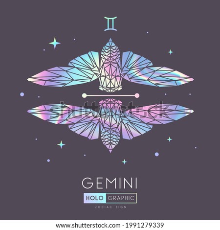 Modern magic witchcraft card with polygon astrology Gemini zodiac sign. Holographic Polygonal butterfly or cicada illustration