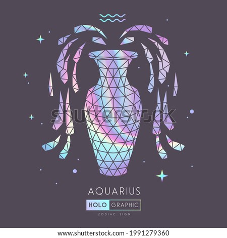 Modern magic witchcraft card with polygon astrology Aquarius zodiac sign. Holographic Polygonal water jug illustration