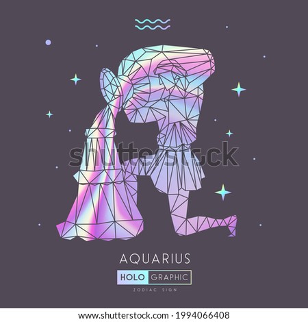 Modern magic witchcraft card with polygon astrology Aquarius zodiac sign. Holographic  Polygonal man with water jug.