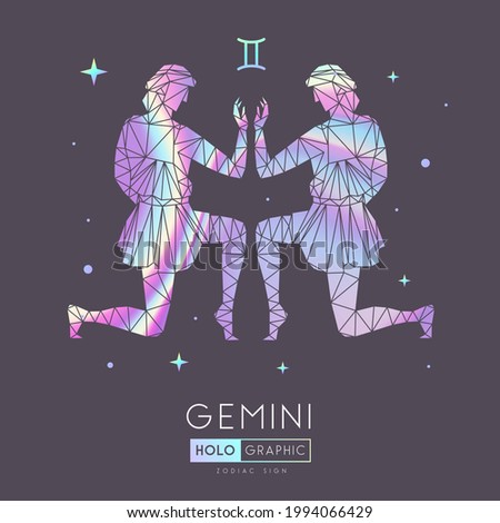Modern magic witchcraft card with polygon astrology Gemini zodiac sign. Holographic  Polygonal men figure illustration