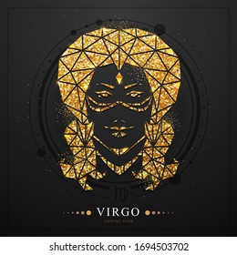 Modern magic witchcraft card with polygonal golden astrology Virgo zodiac sign. Polygonal golden woman head on  black background