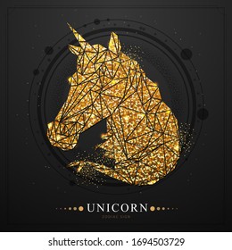 Modern magic witchcraft card with polygonal astrology  golden Unicorn zodiac sign. Polygonal golden horse or unicorn head on black background