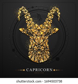 Modern magic witchcraft card with polygonal golden astrology Capricorn zodiac sign. Golden Polygonal ram or mouflon head on black background