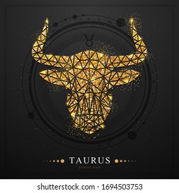 Modern magic witchcraft card with polygonal  astrology golden Taurus zodiac sign. Golden Polygonal bull head on black background