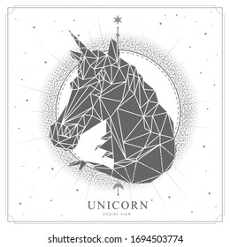 Modern magic witchcraft card with polygonal astrology Unicorn zodiac sign. Polygonal horse or unicorn head