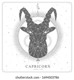 Modern magic witchcraft card with polygonal astrology Capricorn zodiac sign. Polygonal ram or mouflon head