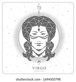 Modern magic witchcraft card with polygonal astrology Virgo zodiac sign. Polygonal woman head