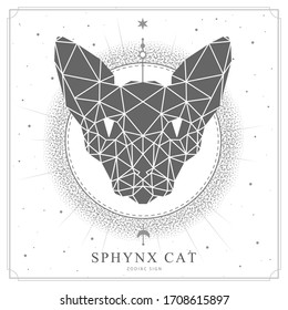 Modern magic witchcraft card with polygonal sphynx cat. Polygonal sphynx cat head