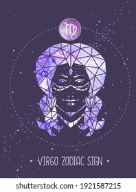 Modern magic witchcraft card with polygonal astrology Virgo zodiac sign. Polygonal woman head