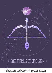 Tarjeta de brujería mágica moderna con signo de astrología poligonal Sagittarius zodiac. Ilustración de arco y flecha poligonales