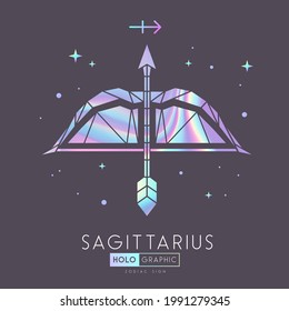 Tarjeta de brujería mágica moderna con signo de astrología poligonal Sagittarius zodiac. Ilustración holográfica de arco poligonal y flecha