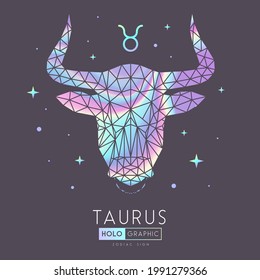 Tarjeta de brujería mágica moderna con signo de astrología poligonal Taurus zodiac. Holográfica Cabeza de toro poligonal