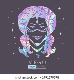 Tarjeta de brujería mágica moderna con signo de astrología poligonal Virgo zodiac. Cabeza holográfica de mujer poligonal