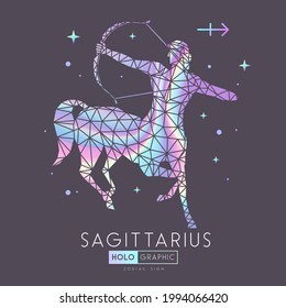 Modern magic witchcraft card with polygonal astrology Sagittarius zodiac sign. Holographic Polygonal centaur with Bow and arrow.