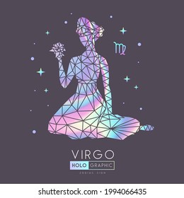 Tarjeta de brujería mágica moderna con signo de astrología poligonal Virgo zodiac. Cabeza holográfica de mujer poligonal