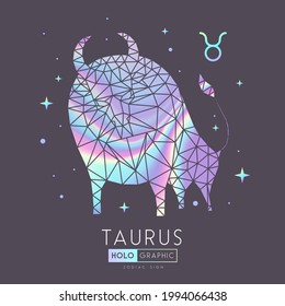 Tarjeta de brujería mágica moderna con signo de astrología poligonal Taurus zodiac. Holográfica Cabeza de toro poligonal