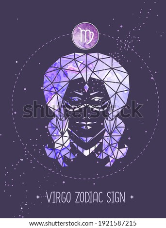 Modern magic witchcraft card with polygonal astrology Virgo zodiac sign. Polygonal woman head