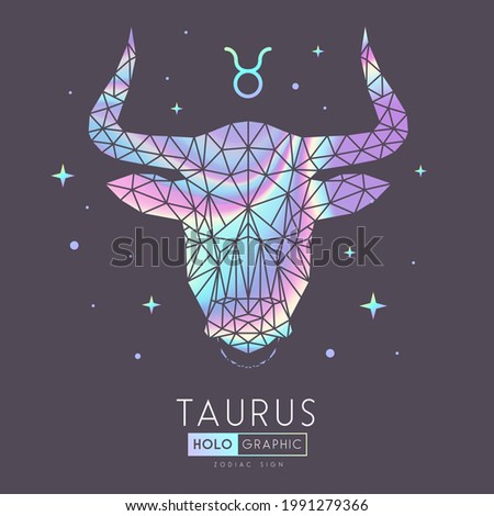 Modern magic witchcraft card with polygonal  astrology Taurus zodiac sign. Holographic Polygonal bull head