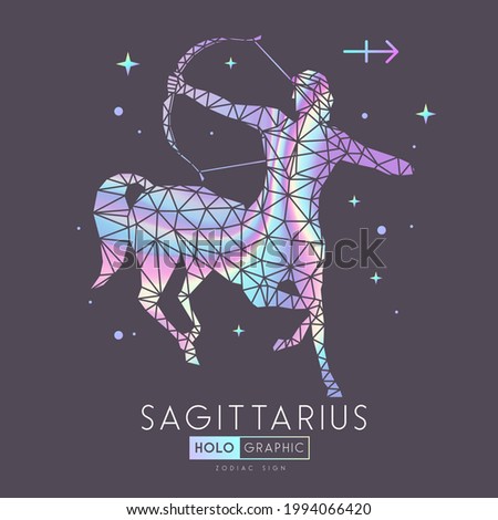 Modern magic witchcraft card with polygonal astrology Sagittarius zodiac sign. Holographic Polygonal centaur with Bow and arrow.