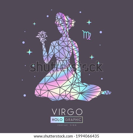 Modern magic witchcraft card with polygonal astrology Virgo zodiac sign. Holographic Polygonal woman head