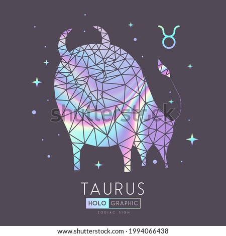 Modern magic witchcraft card with polygonal  astrology Taurus zodiac sign. Holographic Polygonal bull head